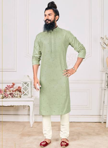 Pista Green Colour Exclusive Festive Wear Poly With Embroidery Fancy Kurta Pajama Mens Collection RYN-KP-9